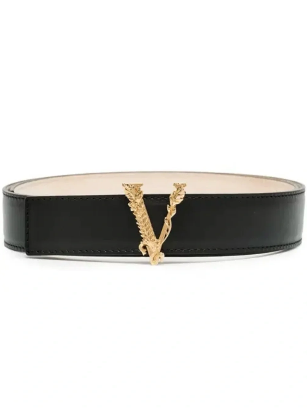Versace Virtus Black Leather Belt with Gold V Motif